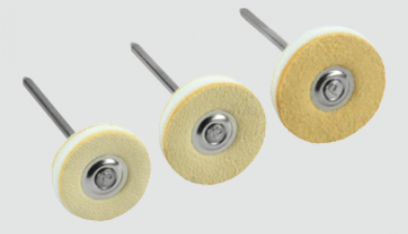 MINIATURBÜRSTEN, KOMBI (LEDER-NESSEL-LEDER)  mit Scheibchen aus Baumwollstoff (Nessel) 2 Scheibchen aus Chamoisleder - montiert für das Handstück.VE.12St.